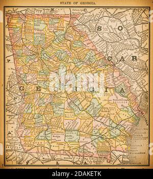 Karte des Staates Georgien aus dem 19. Jahrhundert. Veröffentlicht im New Dollar Atlas of the United States and Dominion of Canada. (Rand McNally & Co's, Chicago, 1884). Stockfoto