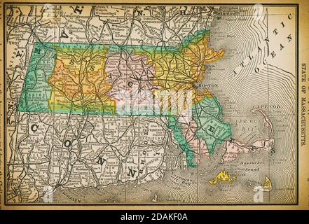 Karte des Staates Massachusetts aus dem 19. Jahrhundert. Veröffentlicht im New Dollar Atlas of the United States and Dominion of Canada. (Rand McNally & Co's, Chicago, Stockfoto