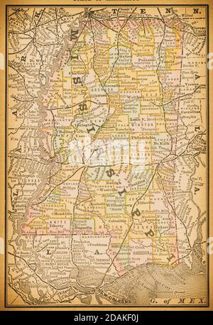 Karte des Mississippi aus dem 19. Jahrhundert. Veröffentlicht im New Dollar Atlas of the United States and Dominion of Canada. (Rand McNally & Co's, Chicago, 1884). Stockfoto