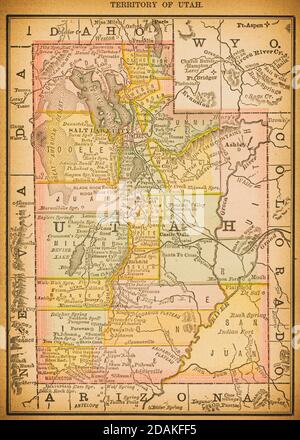 Karte von Utah aus dem 19. Jahrhundert. Veröffentlicht im New Dollar Atlas of the United States and Dominion of Canada. (Rand McNally & Co's, Chicago, 1884). Stockfoto