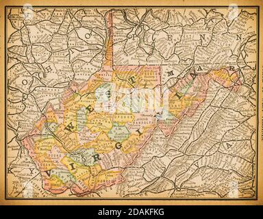 Karte von West Virginia aus dem 19. Jahrhundert.Veröffentlicht in New Dollar Atlas of the United States and Dominion of Canada. (Rand McNally & Co's, Chicago, 1884). Stockfoto