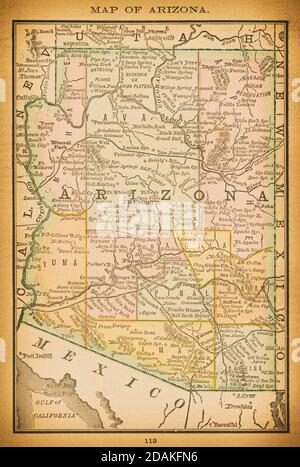 Karte von Arizona aus dem 19. Jahrhundert. Veröffentlicht im New Dollar Atlas of the United States and Dominion of Canada. (Rand McNally & Co's, Chicago, 1884). Stockfoto