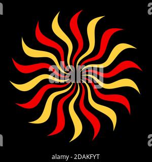 Abstraktes Sonnensymbol, isoliert auf schwarzem Hintergrund. Kreisförmigen geometrischen Strahlen, Flamme, platzen. Geometrische Elemente. Logo, Schild. Vektorfarbe. Stock Vektor