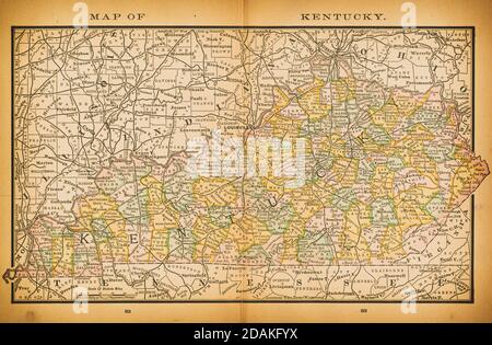 Karte von Kentucky aus dem 19. Jahrhundert. Veröffentlicht im New Dollar Atlas of the United States and Dominion of Canada. (Rand McNally & Co's, Chicago, 1884). Stockfoto