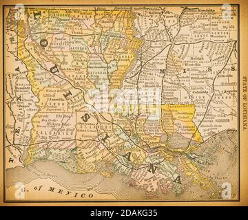 Karte von Louisiana aus dem 19. Jahrhundert. Veröffentlicht im New Dollar Atlas of the United States and Dominion of Canada. (Rand McNally & Co's, Chicago, 1884). Stockfoto