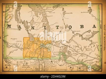 Karte von Manitoba aus dem 19. Jahrhundert. Veröffentlicht im New Dollar Atlas of the United States and Dominion of Canada. (Rand McNally & Co's, Chicago, 1884). Stockfoto