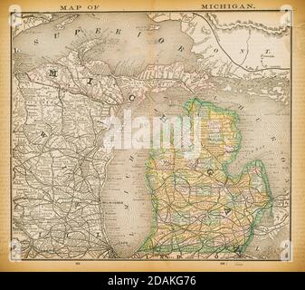 Karte von Michigan aus dem 19. Jahrhundert. Veröffentlicht im New Dollar Atlas of the United States and Dominion of Canada. (Rand McNally & Co's, Chicago, 1884). Stockfoto