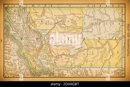 Karte von Montana aus dem 19. Jahrhundert. Veröffentlicht im New Dollar Atlas of the United States and Dominion of Canada. (Rand McNally & Co's, Chicago, 1884). Stockfoto