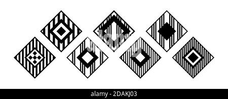 Set von Rauten mit verschiedenen Ornamenten. Geometrische Fliesen, isoliert auf weißem Hintergrund. Rhombus-Symbole, Schilder. Vektor-Monochrom-Illustration. Stock Vektor