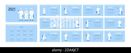Frohes Neues Jahr 2021. Horizontale Kalendervorlage mit Einband, 12 Monatsseiten. Die Woche beginnt am Sonntag. Dekontamination als Prävention gegen Stock Vektor