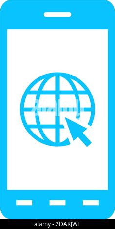 Erde auf Smartphone-Bildschirm Symbol flach. Blaues Piktogramm auf weißem Hintergrund. Symbol für Vektorgrafik Stock Vektor