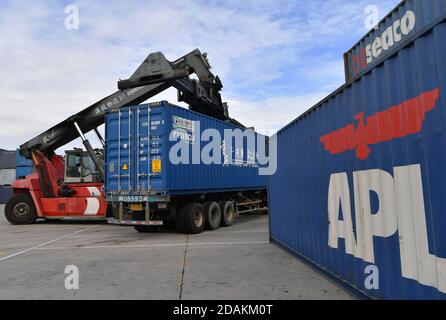 (201113) -- XIAMEN, 13. November 2020 (Xinhua) -- EIN Mitarbeiter fährt einen Container hoch, bevor er in einen chinesisch-europäischen Güterzug nach Hamburg in einem Frachtverteilzentrum im Bezirk Haicang in Xiamen, südöstlich der Provinz Fujian, verladen wird, 13. November 2020. In den ersten drei Quartalen des Jahres 2020, Haicang Station of China Railway Nanchang Group Co., Ltd hat insgesamt gesehen 204 China-Europa Güterzüge, ein Anstieg von 160 perent im Vergleich zum gleichen Zeitraum im Jahr 2019. Der Frachtwert über die Zugdienste erreichte etwa 700 Millionen US-Dollar. (Xinhua/Wei Peiquan) Stockfoto