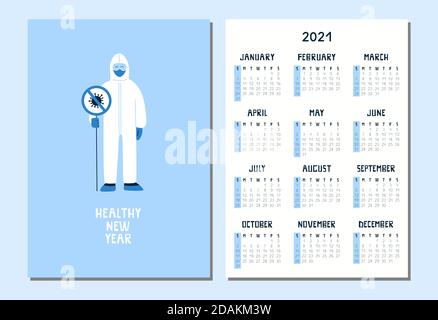 Frohes gesundes neues Jahr 2021. Kalender im A4-Format. Vektor-Illustration eines Arztes in weißem Hazmat Anzug und Maske. Vielen Dank an Ärzte und Krankenschwestern Stock Vektor