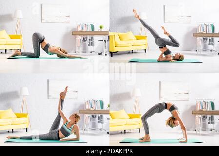 Collage von blonden Sportlerin, die Yoga-Posen auf Fitnessmatte macht Stockfoto