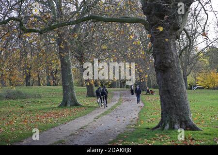 Wanderer, Radfahrer und Hundewanderer nutzen einen Fußweg durch Peckham Rye Common, South East London, Großbritannien. Sonniger Herbsttag. Stockfoto