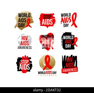 AIDS und HIV Bewusstsein Red Ribbon. WORLD AIDS DAY KAMPAGNEN Symbol, Abzeichen, Aufkleber, Label, Tag-Design für Werbekampagne. Stoppen Sie Aids. Dezember Stock Vektor