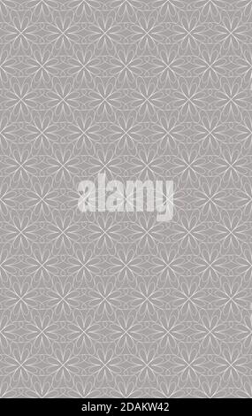 Geometrisches, abstraktes florales Nahtmuster. Elegante, weiße, weiße, dünne Umrissstruktur. Optischer Illusionseffekt. Hellgrauer Hintergrund ist Stock Vektor