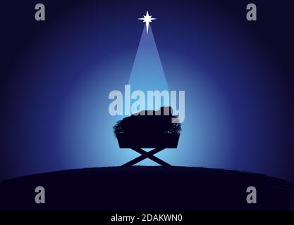 Weihnachtsszene von Baby Jesus in der Krippe in Silhouette, umgeben von Licht des Sterns. Christliche Geburt Grußkarte mit Illustration Geburt von CH Stock Vektor