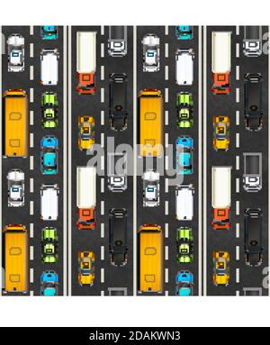 Draufsicht auf Stau mit vielen realistischen Autos auf der Autobahn, nahtlose Muster Stock Vektor