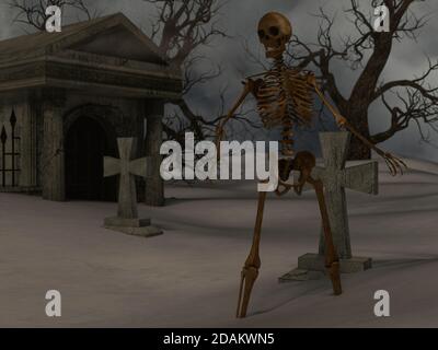 Walking Skelett in der gruseligen Nacht in der Nähe einer Krypta - 3d-Rendering Stockfoto