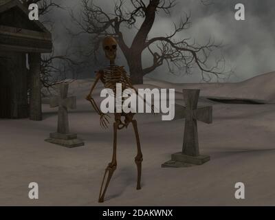 Walking Skelett in der gruseligen Nacht in der Nähe einer Krypta - 3d-Rendering Stockfoto