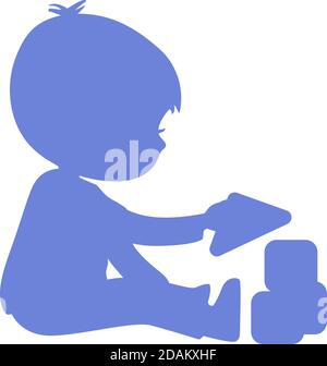 Junge spielt und lernt mit Spielzeugblöcken. Bausteine für Kinder. Einfache Blaue Silhouette. Kann als Logo oder Zeichen verwendet werden. Vektorgrafik . Isoliert Stock Vektor