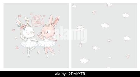 3 Sweet Ballerina bunnys Illustration Vektor. Weiße tanzende Kaninchen illuatration. Kann für T-Shirt-Print verwendet werden, tragen Kinder Mode-Design, Baby-Dusche Stock Vektor