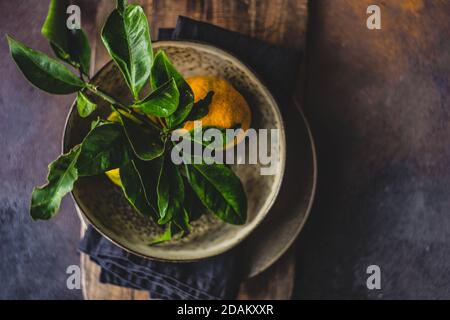 Ferienort Einstellung mit frischen Bio-Mandarinenfrüchten auf rustikal Hintergrund mit Kopierbereich Stockfoto