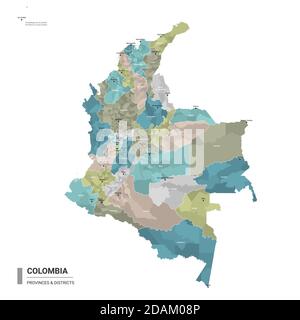 Kolumbien hat detaillierte Karte mit Unterteilungen. Verwaltungskarte von Kolumbien mit Bezirken und Städten Namen, farbig nach Bundesstaaten und administrative dist Stock Vektor
