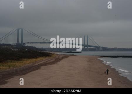 New York, New York, USA. November 2020. Die Verrazzano-Narrows Bridge wird gesehen, wie eine Frau am 13. November 2020 in New York mit ihrem Hund am Strand im Stadtteil Staten Island spazieren geht. Die sieben Tage positive Testrate für Covid-19 im Stadtteil Staten Island in New York City ist die höchste in der Stadt. Gouverneur Andrew Cuomo hat den Bezirk zu einer "gelben Zone" erklärt, die Beschränkungen für Freiluftversammlungen auf 25 Personen und die Teilnahme an Kirchen auf 50 Prozent Kapazität beinhaltet. Quelle: Bryan Smith/ZUMA Wire/Alamy Live News Stockfoto