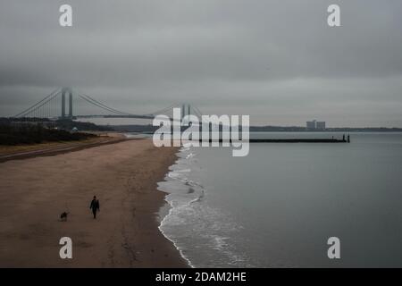 New York, New York, USA. November 2020. Die Verrazzano-Narrows Bridge wird gesehen, wie eine Frau am 13. November 2020 in New York mit ihrem Hund am Strand im Stadtteil Staten Island spazieren geht. Die sieben Tage positive Testrate für Covid-19 im Stadtteil Staten Island in New York City ist die höchste in der Stadt. Gouverneur Andrew Cuomo hat den Bezirk zu einer "gelben Zone" erklärt, die Beschränkungen für Freiluftversammlungen auf 25 Personen und die Teilnahme an Kirchen auf 50 Prozent Kapazität beinhaltet. Quelle: Bryan Smith/ZUMA Wire/Alamy Live News Stockfoto