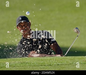 Augusta, Usa. November 2020. Tiger Woods platzen aus dem Sand auf dem 2. Loch während der zweiten Runde des Masters 2020 Turnier im Augusta National Golf Club in Augusta, Georgia am Freitag, 13. November 2020. Foto von Kevin Dietsch/UPI Kredit: UPI/Alamy Live News Stockfoto