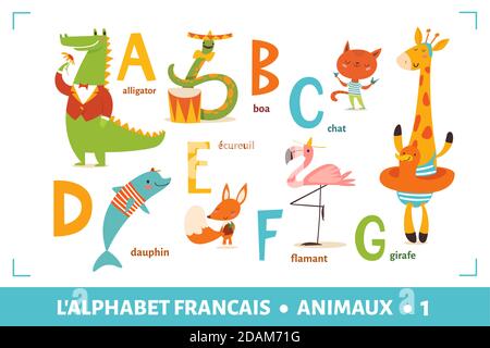 Französisches Alphabet Poster mit Cartoon-Tieren Stock Vektor