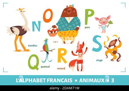 Französisches Alphabet Poster mit Cartoon-Tieren Stock Vektor