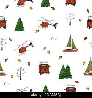 Wiederholen Sie nahtlose Muster von Hubschrauber, Yacht, Reisebus, Bäume, weihnachtsbäume und Blätter auf weißem Hintergrund Stock Vektor