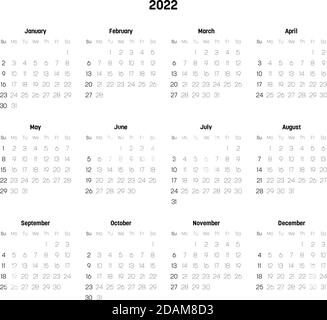 Monatskalender des Jahres 2022. Die Woche beginnt am Sonntag. Block von Monaten in zwei Reihen und sechs Spalten horizontale Anordnung. Schlichtes, dünnes minimalistisches Design. Vektorgrafik. Stock Vektor