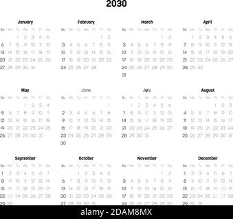 Monatskalender des Jahres 2030. Die Woche beginnt am Sonntag. Block von Monaten. Schlichtes, dünnes minimalistisches Design. Vektorgrafik. Stock Vektor