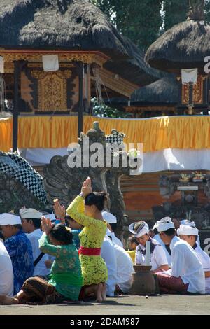 Balinesen beten in einem Tempel außerhalb von Ubud, Bali für Galungan Festival. Bali, Indonesien Stockfoto