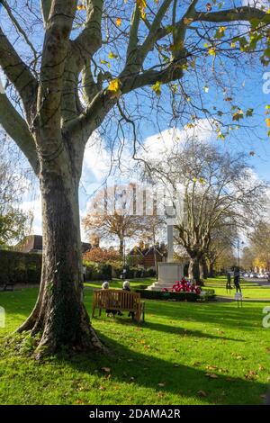 Zwei Damen sitzen auf einer Holzbank am Kriegsdenkmal, an einem sonnenbeschienenen Herbsttag, am breiten Grasrand in Tenterden High Street, Kent, Großbritannien Stockfoto