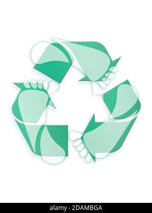 Recycling-Symbol mit Fußabdrücken, Abbildung. Stockfoto