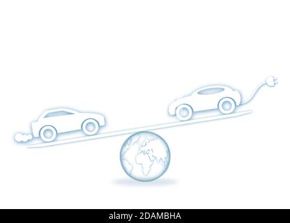 Waagen mit Elektroauto und Benzinauto, Illustration. Stockfoto