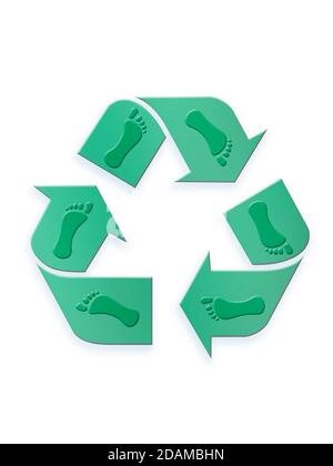 Recycling-Symbol mit Fußabdrücken, Abbildung. Stockfoto