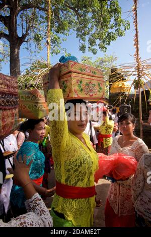 Balinesische Tempegoer besuchen Sakenan Tempel für Galungganfeiern, Bali, Indonesien. Frau, die einen Korb mit Opfergaben trägt Stockfoto