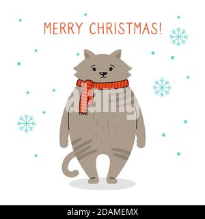 Gruß Weihnachtskarte, graue Katze. Neujahreskätzchen. Handgezeichnete lustige Kritzeleien Cartoon Katze. Weihnachtsfigur. Frohes neues Jahr, Frohe Weihnachten. Tiervektor auf weißem Hintergrund Stock Vektor