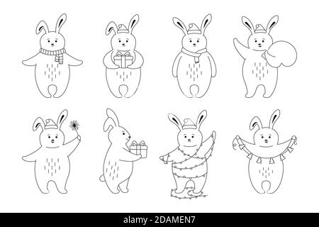 Weihnachten Kaninchen Linie Cartoon-Set. Schwarze Umrisse niedlichen Hasen mit Geschenk, Girlande. Neujahr Tier coney in verschiedenen Posen. Lustige Tiere Winter feiern Stock Vektor