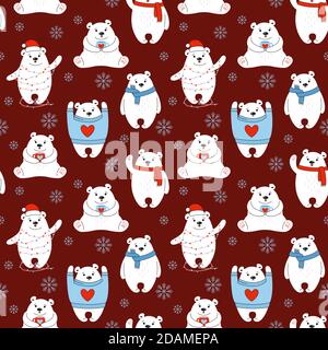 Weihnachtliche nahtlose Muster Eisbär. Textilgrafiken, Neujahr Tiersäuger, Geschenkpapier. Cartoon niedlichen Teddy mit rotem Hut. Lustige Tiere Winter feiern dunkelrot Vektor Hintergrund Stock Vektor
