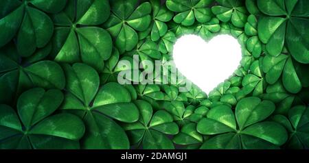 Grüne Kleeblatt Liebe und glückliches Herz als St. Patricks Tag Symbol und saisonalen Frühling Glück Ikone der irischen Tradition Feier mit magischen vier Blatt. Stockfoto