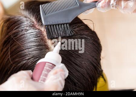 Friseur Anwendung chemische Haarfarbe Farbstoff auf Haarwurzeln Stockfoto