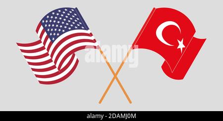 Gekreuzte und winkende Flaggen der Türkei und der USA. Vektorgrafik Stock Vektor
