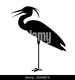 Vogelreiher, Vektor-Illustration, schwarze Silhouette, Profilseite Stockfoto